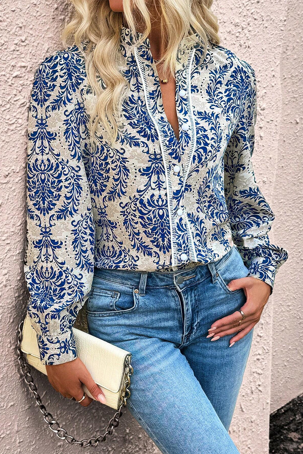 Sky Blue Bohemian Printed Bishop Sleeve Lace Shirt-Tops/Blouses & Shirts-[Adult]-[Female]-2022 Online Blue Zone Planet