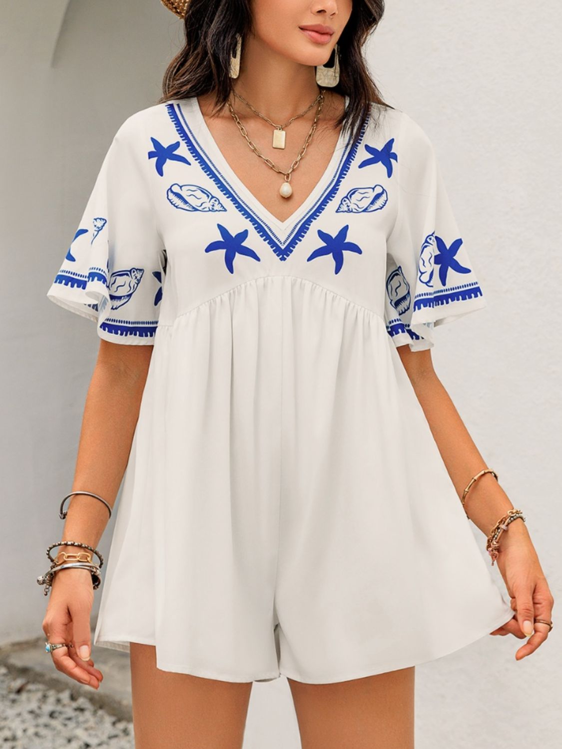 Printed V-Neck Half Sleeve Romper-TOPS / DRESSES-[Adult]-[Female]-Cream-S-2022 Online Blue Zone Planet