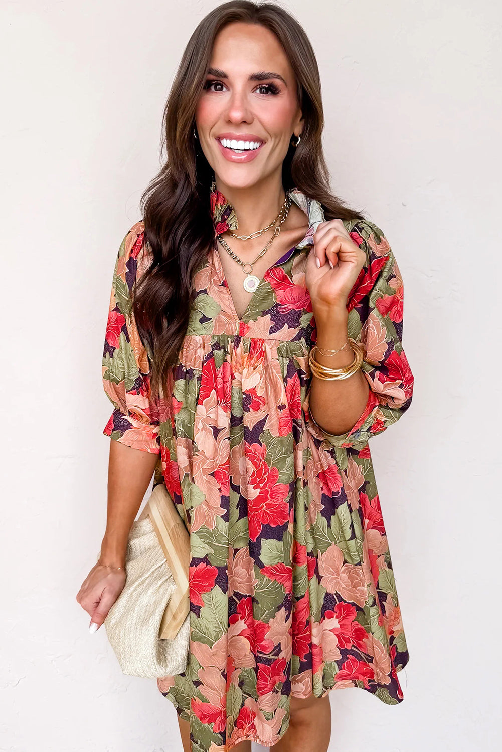 Green Floral Print Frilled Collar V Neck Half Sleeve Mini Dress-TOPS / DRESSES-[Adult]-[Female]-2022 Online Blue Zone Planet