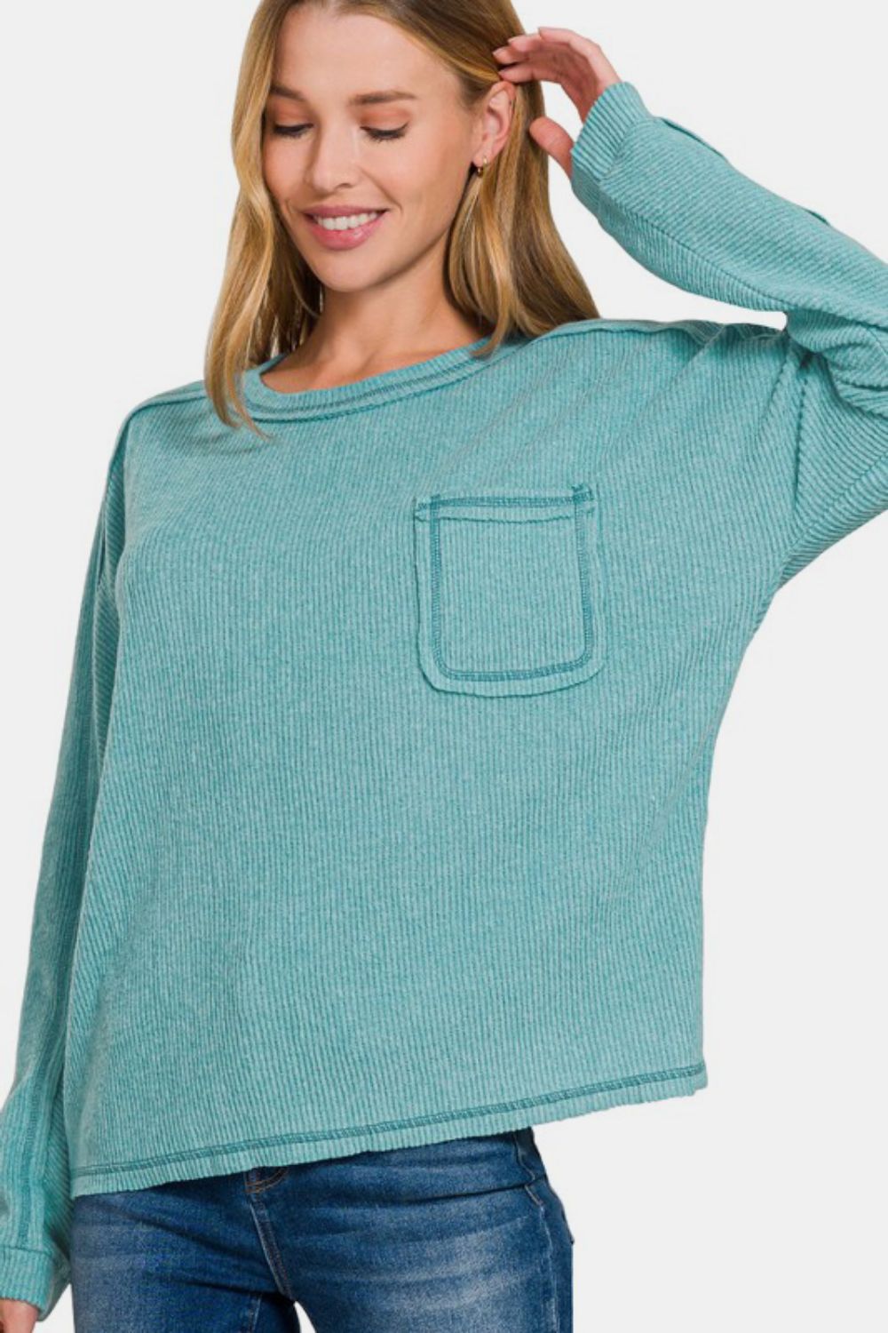 Zenana Full Size Contrast Stitching Brushed Ribbed Hacci Knit Top Plu Size-TOPS / DRESSES-[Adult]-[Female]-Teal-S/M-2022 Online Blue Zone Planet