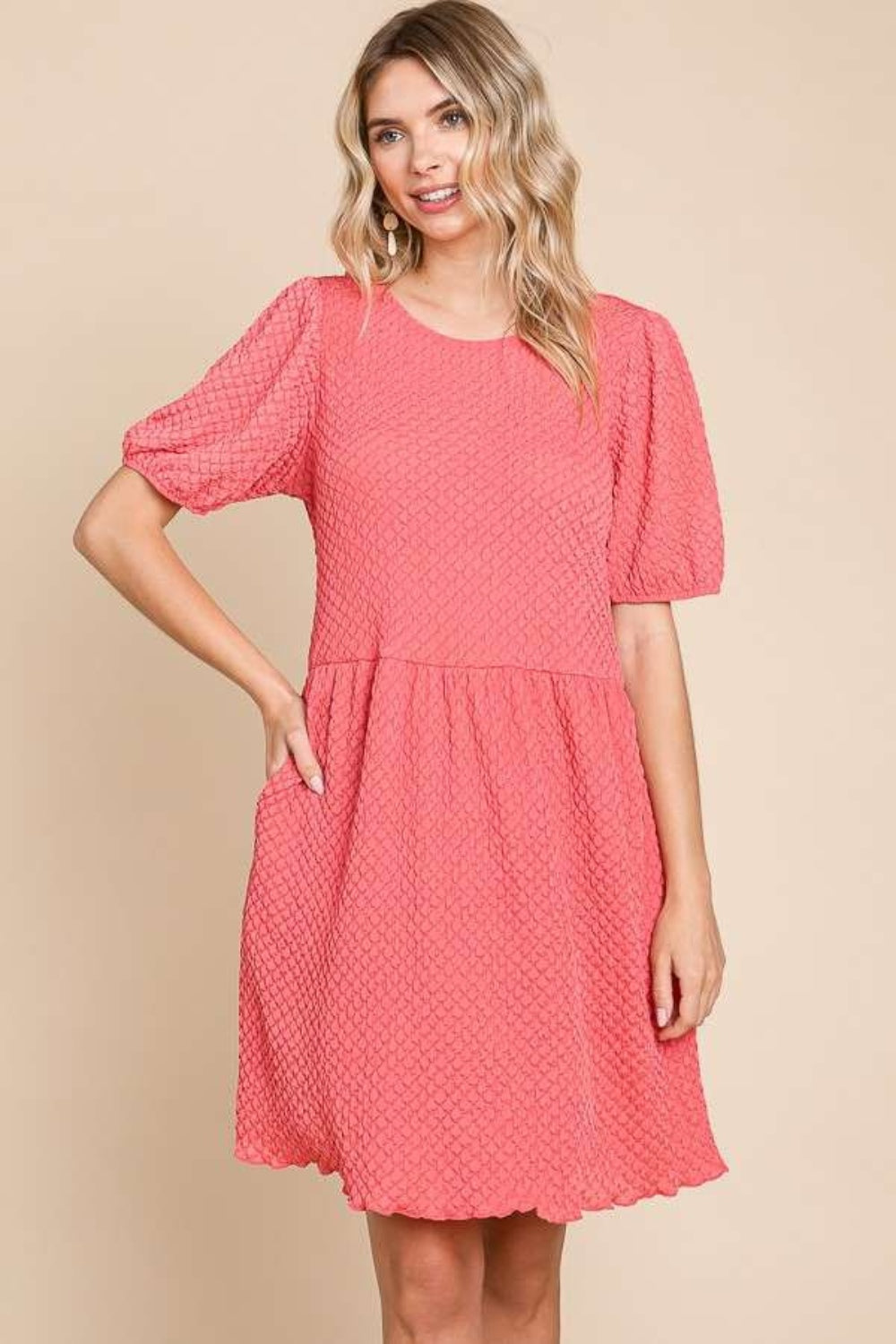 Culture Code Full Size Textured Round Neck Puff Sleeve Dress-TOPS / DRESSES-[Adult]-[Female]-2022 Online Blue Zone Planet