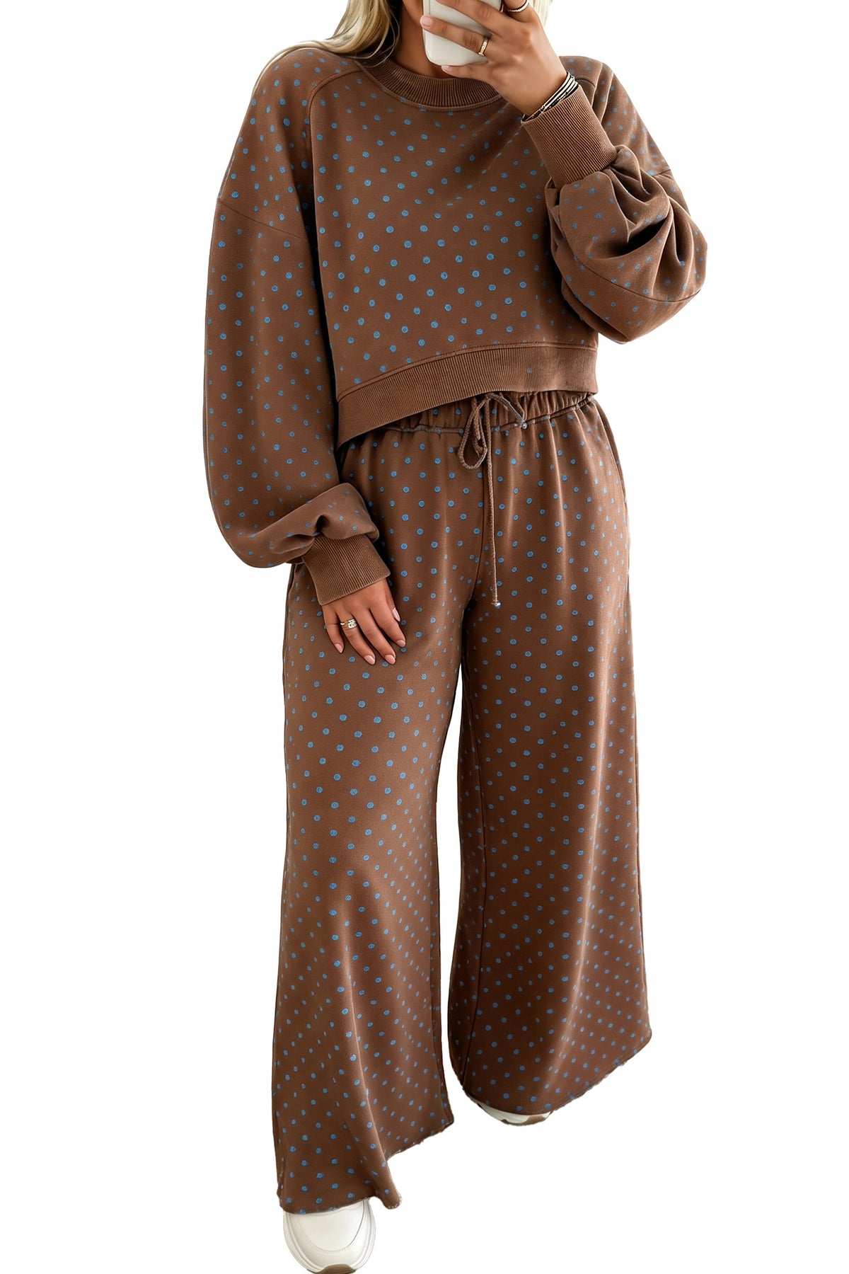 Brown Polka Dot Round Neck Long Sleeve Plus Size Set-Plus Size/Plus Size Loungewear-[Adult]-[Female]-2022 Online Blue Zone Planet