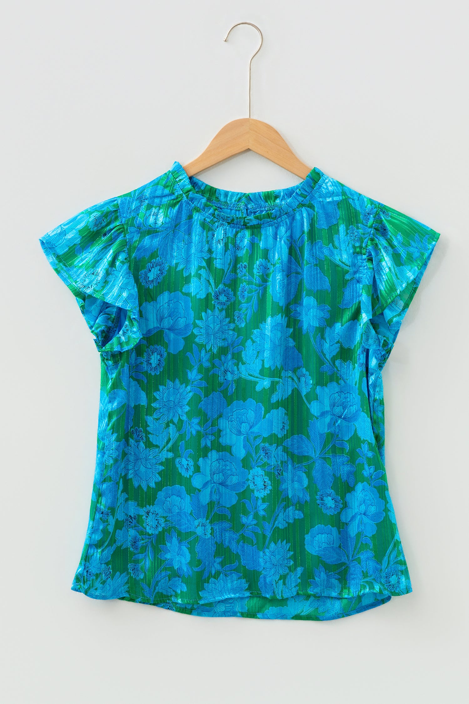 Green Floral Print Ruffled Sleeve Summer Blouse-Tops/Blouses & Shirts-[Adult]-[Female]-2022 Online Blue Zone Planet
