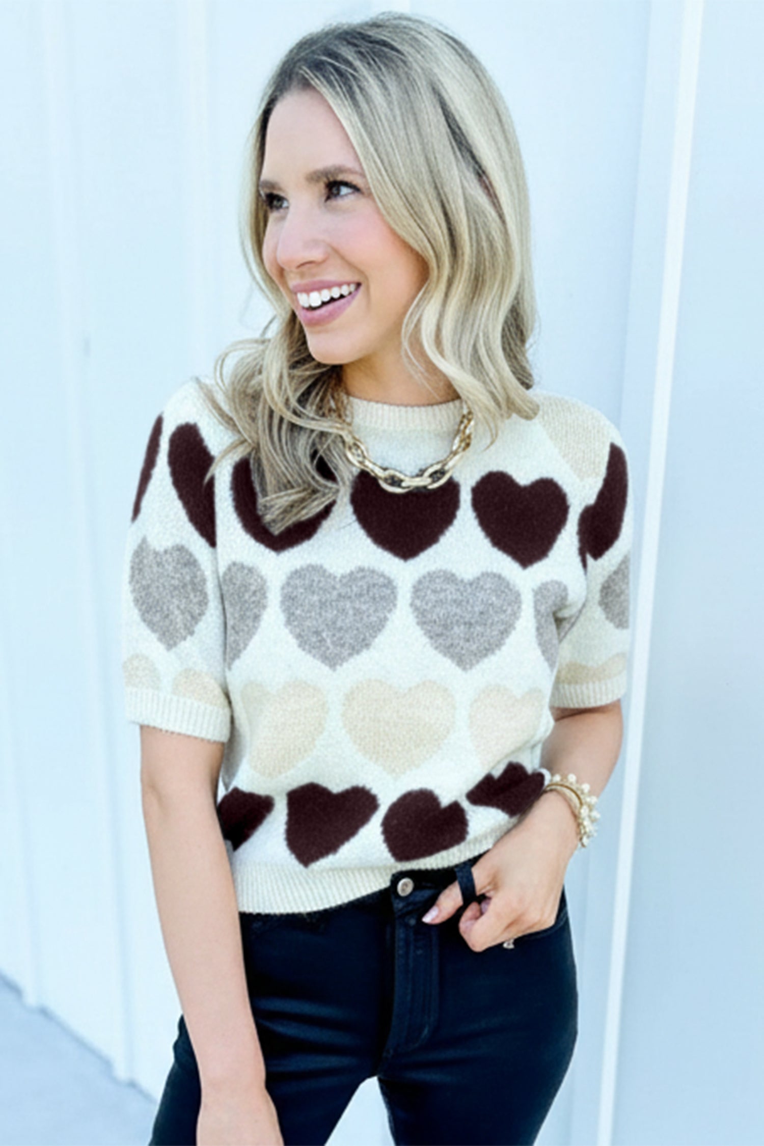 White Valentine Heart Short Sleeve Sweater-TOPS / DRESSES-[Adult]-[Female]-2022 Online Blue Zone Planet