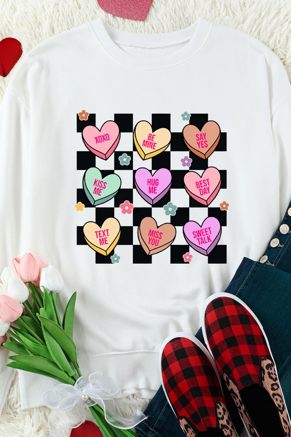 Blue Zone Planet | Valentine's Day Checkered Heart Long Sleeve Sweatshirt-TOPS / DRESSES-[Adult]-[Female]-2022 Online Blue Zone Planet