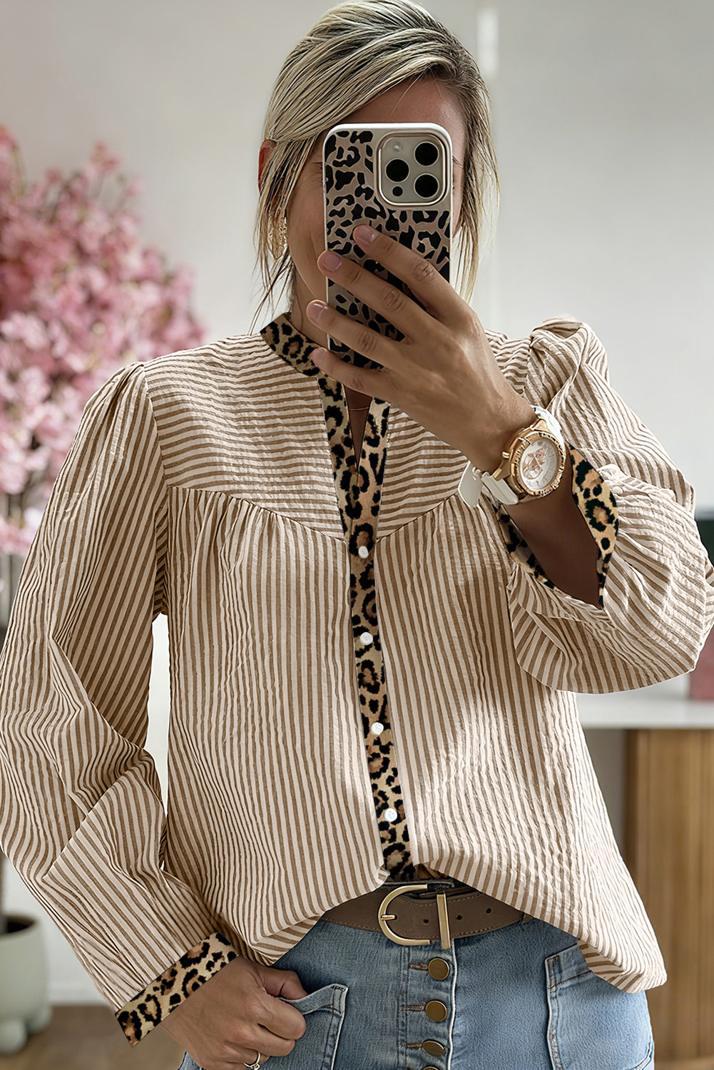 Brown Stripe Leopard Patchwork Long Sleeve Shirt-Tops/Blouses & Shirts-[Adult]-[Female]-2022 Online Blue Zone Planet