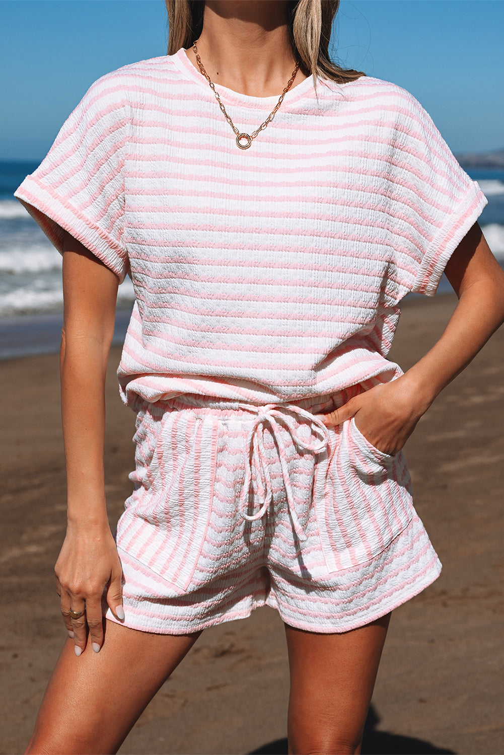 Pink Stripe Knitted Short Sleeve Top and Drawstring Shorts Set-Two Piece Sets/Short Sets-[Adult]-[Female]-2022 Online Blue Zone Planet