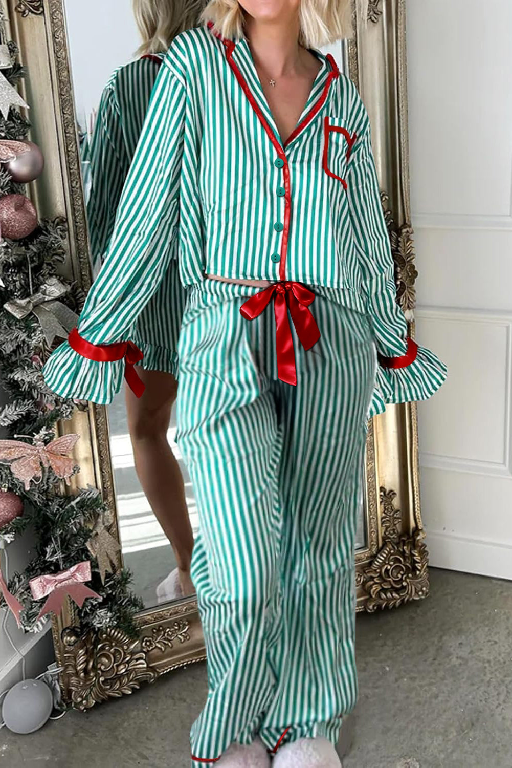 Green Stripe Contrast Velvet Trim Bow Knot Waist 2pcs Pajama Set-Loungewear & Sleepwear/Sleepwear-[Adult]-[Female]-Green Stripe-S-2022 Online Blue Zone Planet