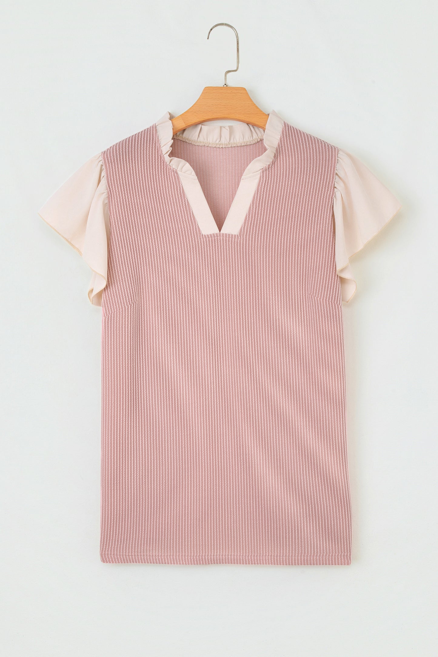 Fushia Plus Size Contrast Frilled Neckline Ruffled Short Sleeve Ribbed Textured Blouse-Plus Size/Plus Size Tops/Plus Size Blouses & Shirts-[Adult]-[Female]-2022 Online Blue Zone Planet