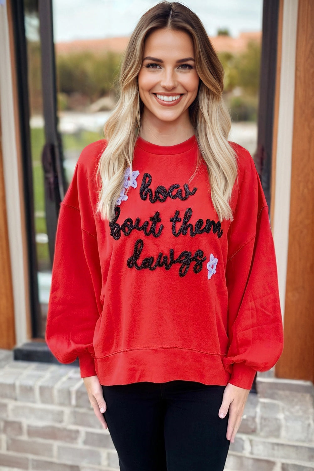 Fiery Red How Bout Them Dawgs Embroidered Script Balloon Sleeve Sweatshirt-Tops/Sweatshirts & Hoodies-[Adult]-[Female]-2022 Online Blue Zone Planet