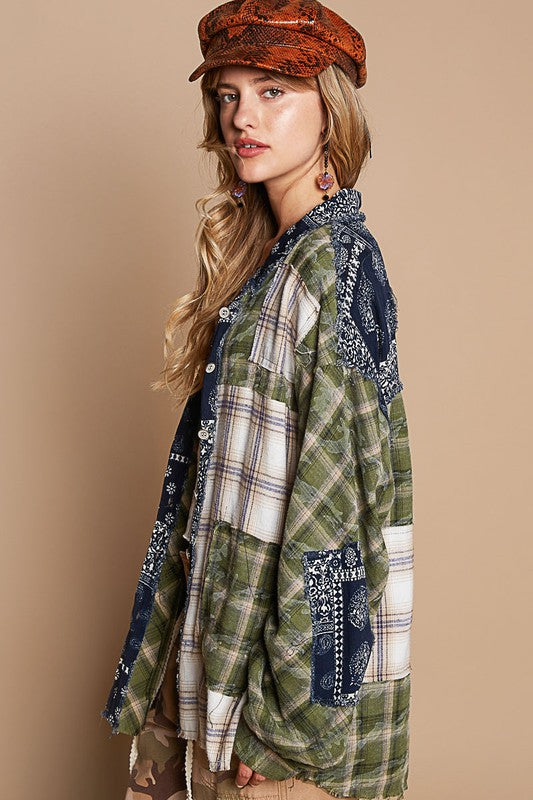 POL Patchwork Plaid Button Up Shirt-TOPS / DRESSES-[Adult]-[Female]-2022 Online Blue Zone Planet