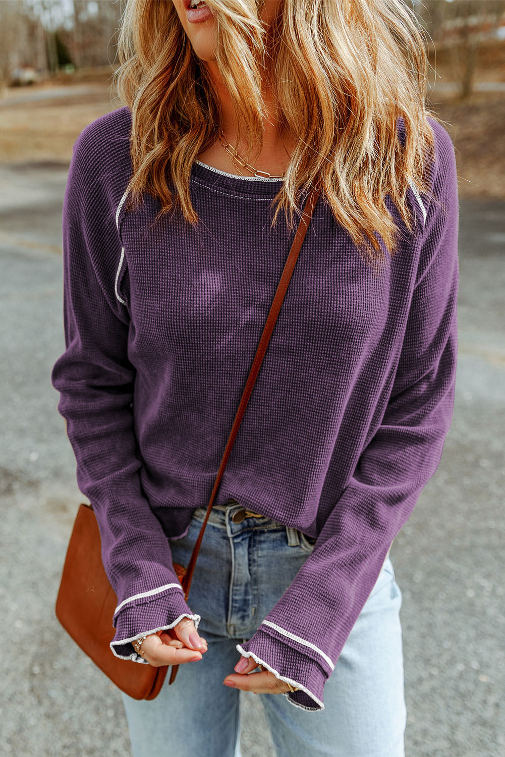 Tillandsia Purple Textured Round Neck Long Sleeve Top-Tops/Long Sleeve Tops-[Adult]-[Female]-2022 Online Blue Zone Planet