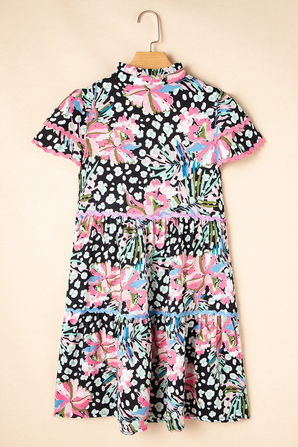 Blue Zone Planet | Pink Floral Ricrac Embellished Tiered Mini Dress-TOPS / DRESSES-[Adult]-[Female]-2022 Online Blue Zone Planet