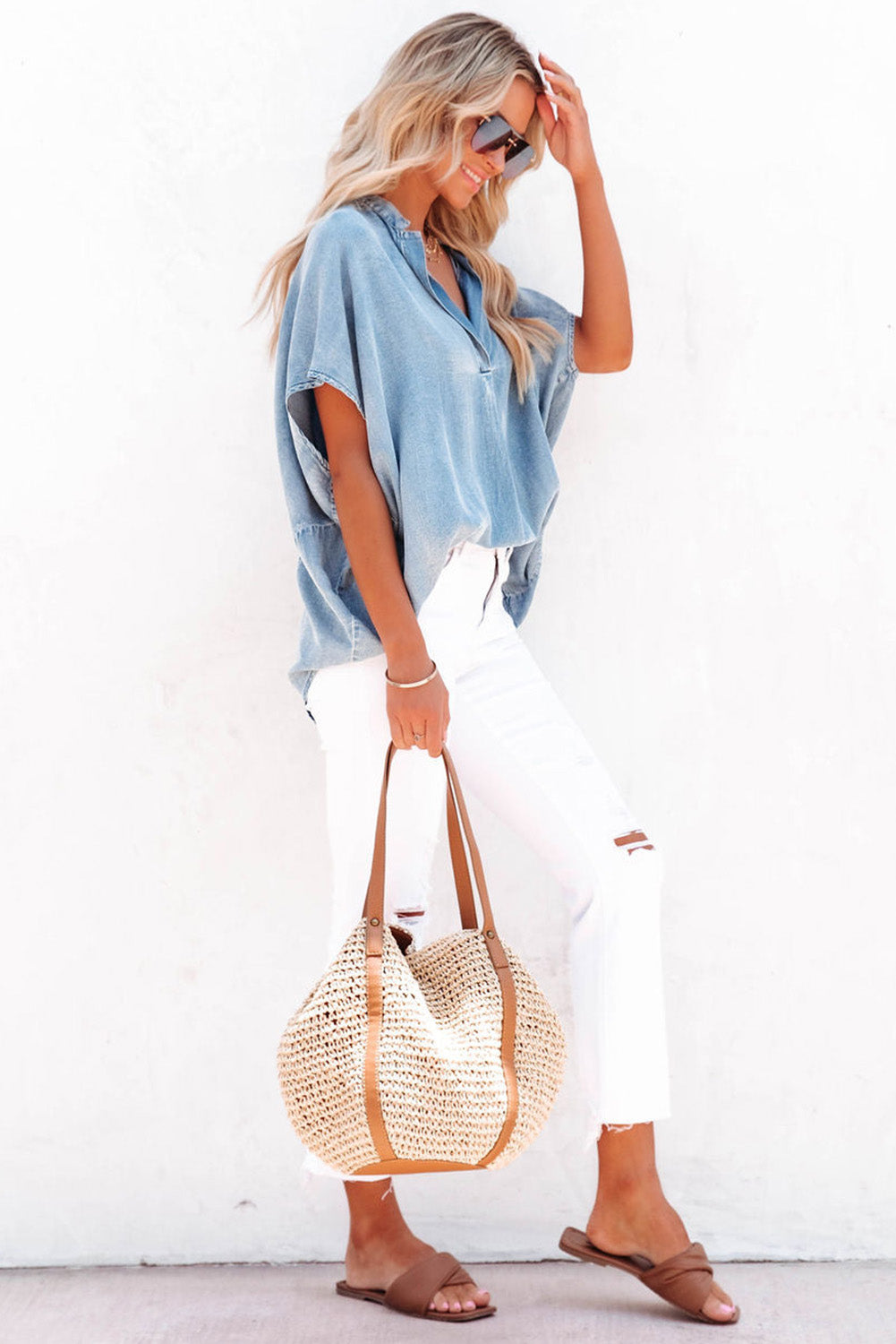 Sky Blue Split V Neck Oversized Denim Blouse-Tops/Blouses & Shirts-[Adult]-[Female]-2022 Online Blue Zone Planet