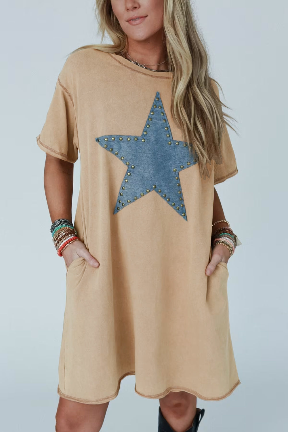 Pale Khaki Mineral Wash Stud Beaded Star Graphic Pocketed T Shirt Dress-TOPS / DRESSES-[Adult]-[Female]-2022 Online Blue Zone Planet
