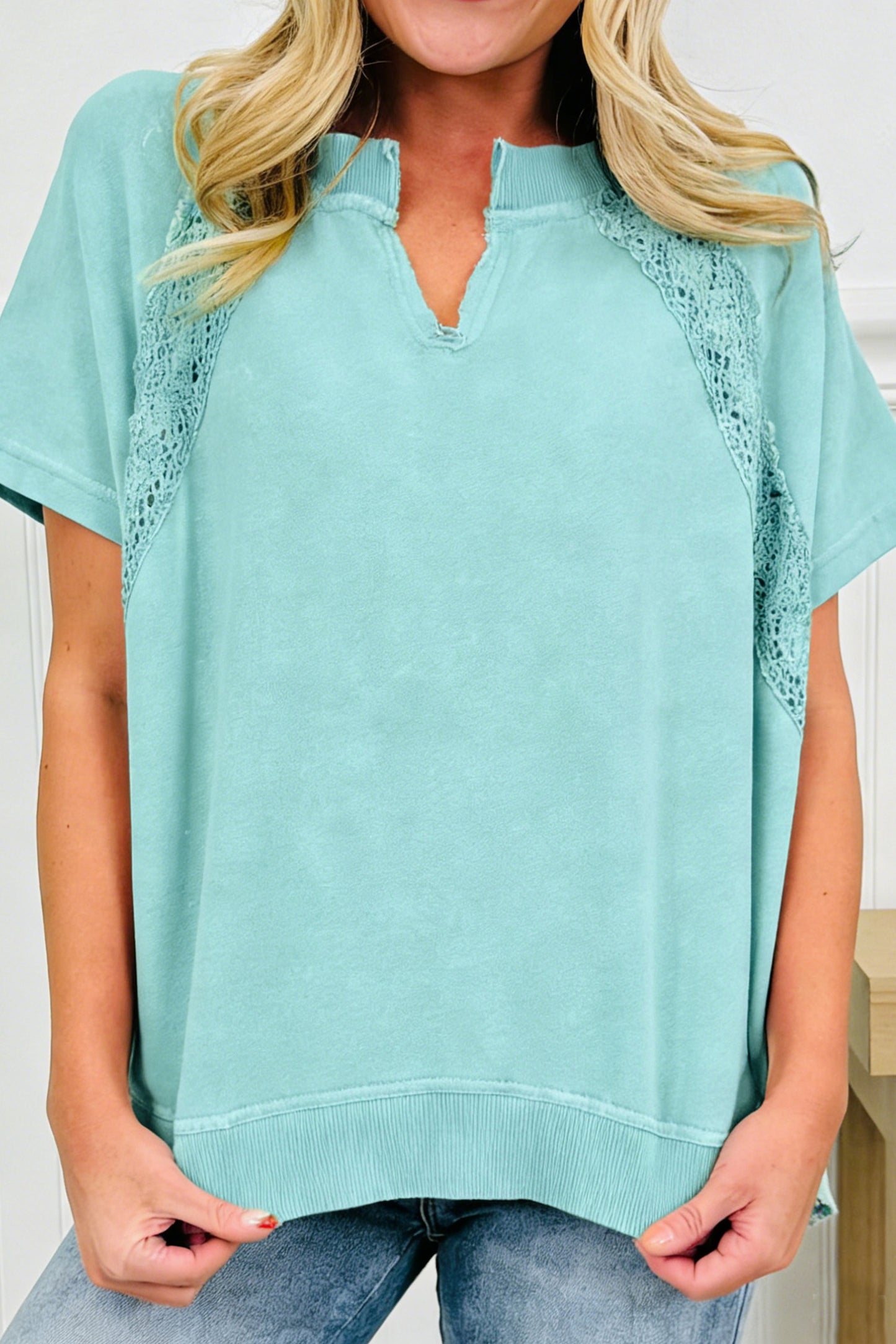 Mint Green Raw Cut Notched Neck Lace Patchwork Detail Mineral Wash Tee-Tops/Tops & Tees-[Adult]-[Female]-2022 Online Blue Zone Planet