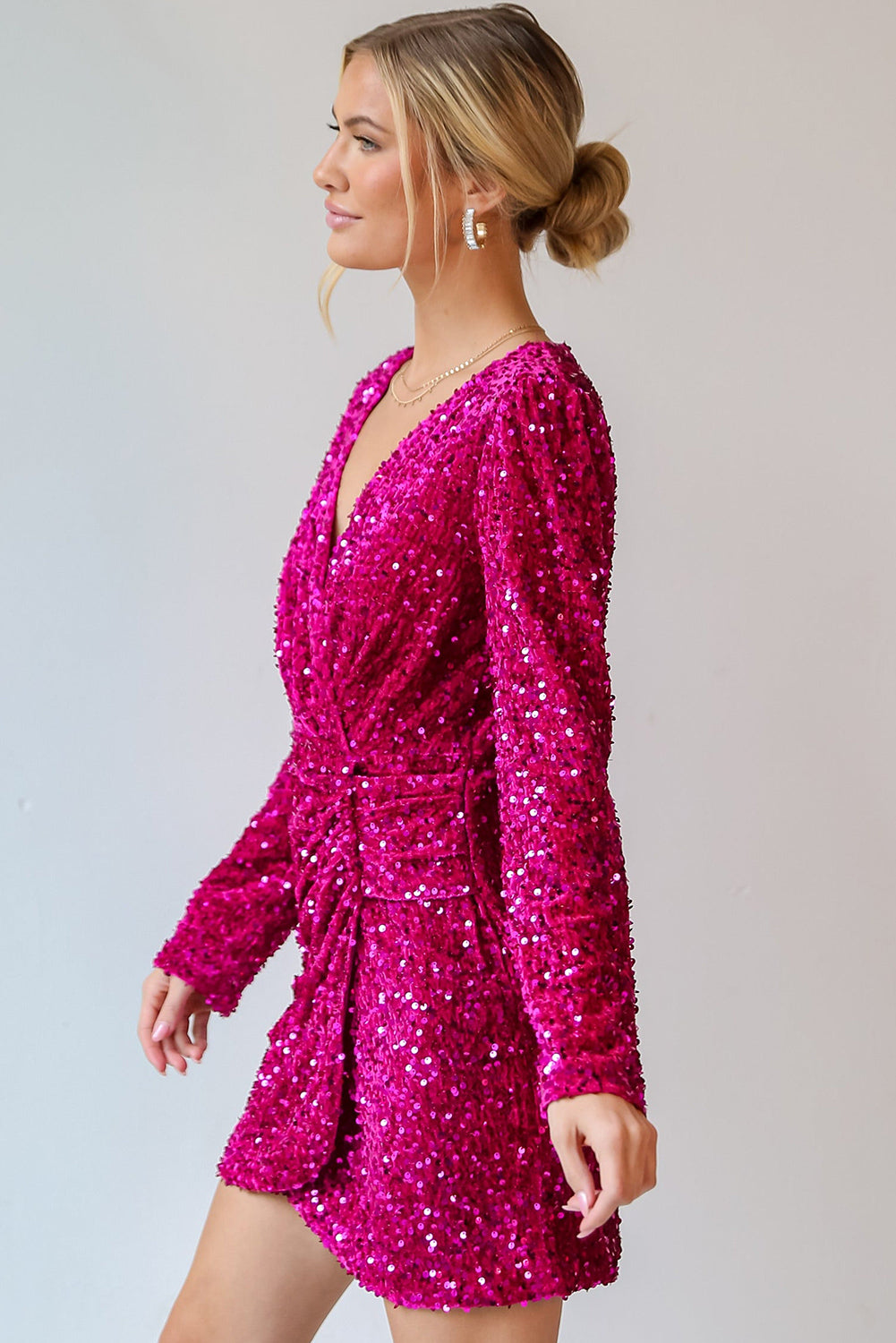 Pitaya Pink Velvet Sequin Long Sleeve V Neck Wrapped Mini Dress-Short Dresses-[Adult]-[Female]-2022 Online Blue Zone Planet