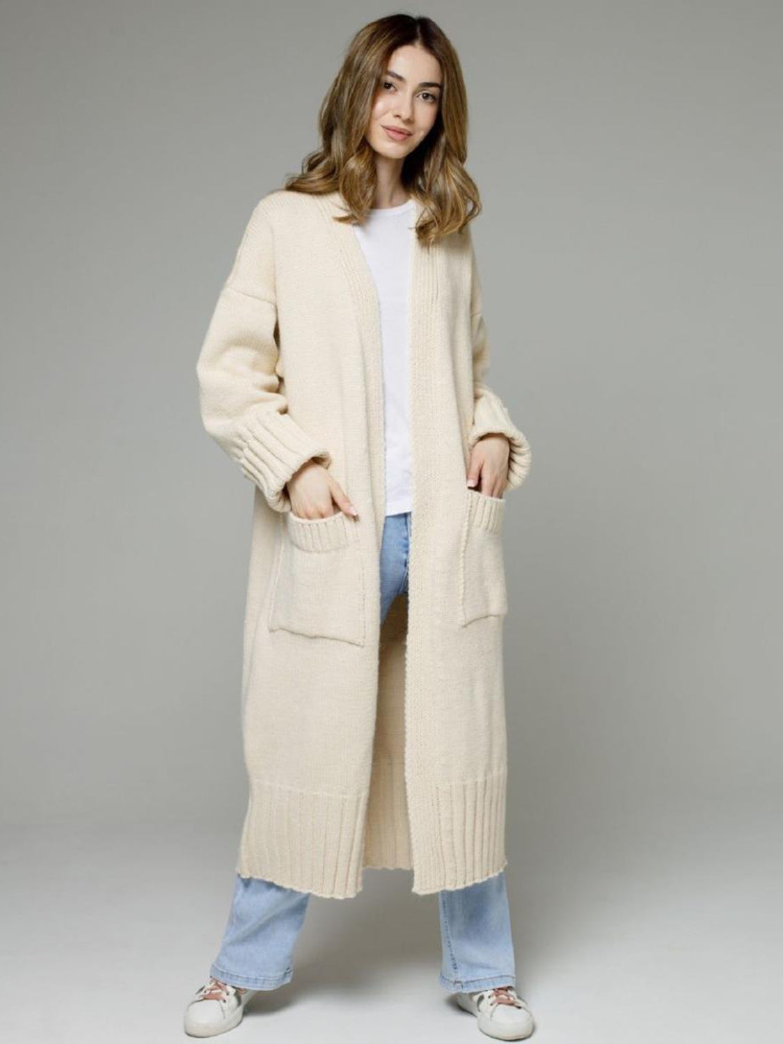 Pocketed Open Front Dropped Shoulder Cardigan-TOPS / DRESSES-[Adult]-[Female]-Cream-One Size-2022 Online Blue Zone Planet