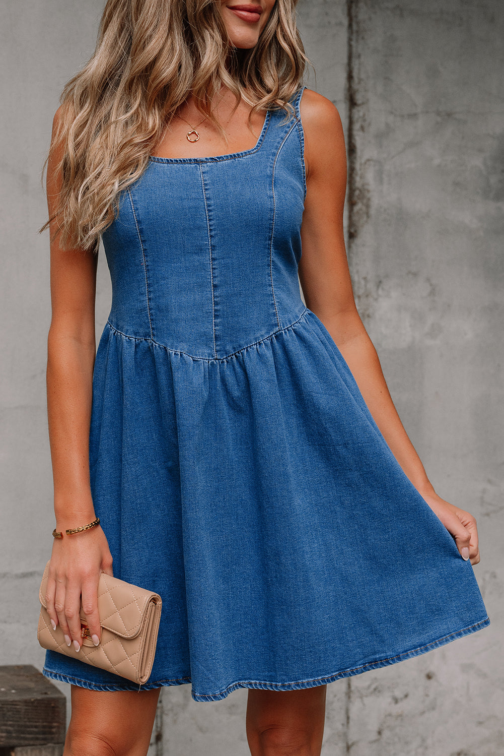 Sail Blue Square Neck Bowknot A-line Sleeveless Denim Dress-TOPS / DRESSES-[Adult]-[Female]-2022 Online Blue Zone Planet