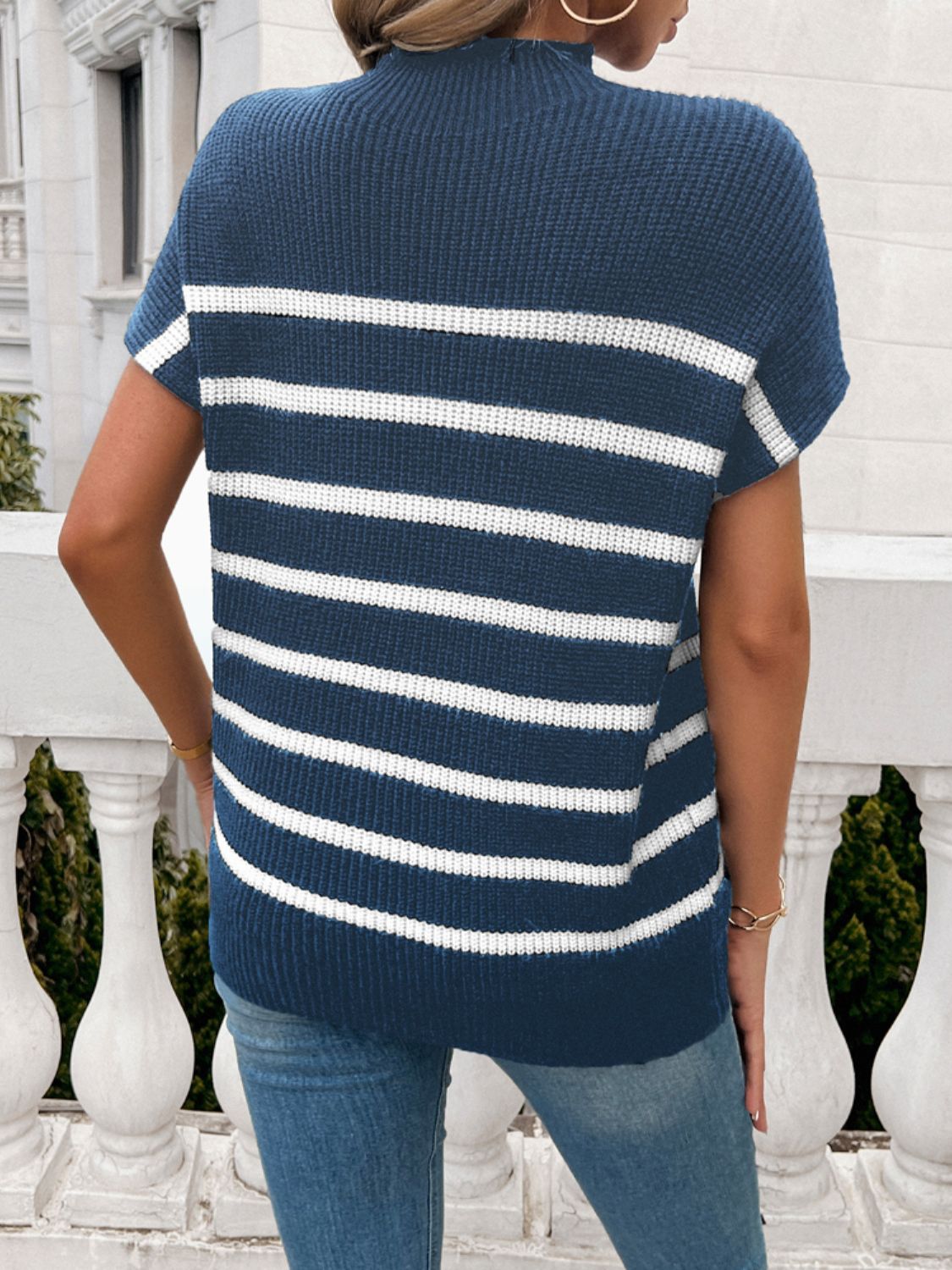 Striped Mock Neck Short Sleeve Sweater-TOPS / DRESSES-[Adult]-[Female]-2022 Online Blue Zone Planet