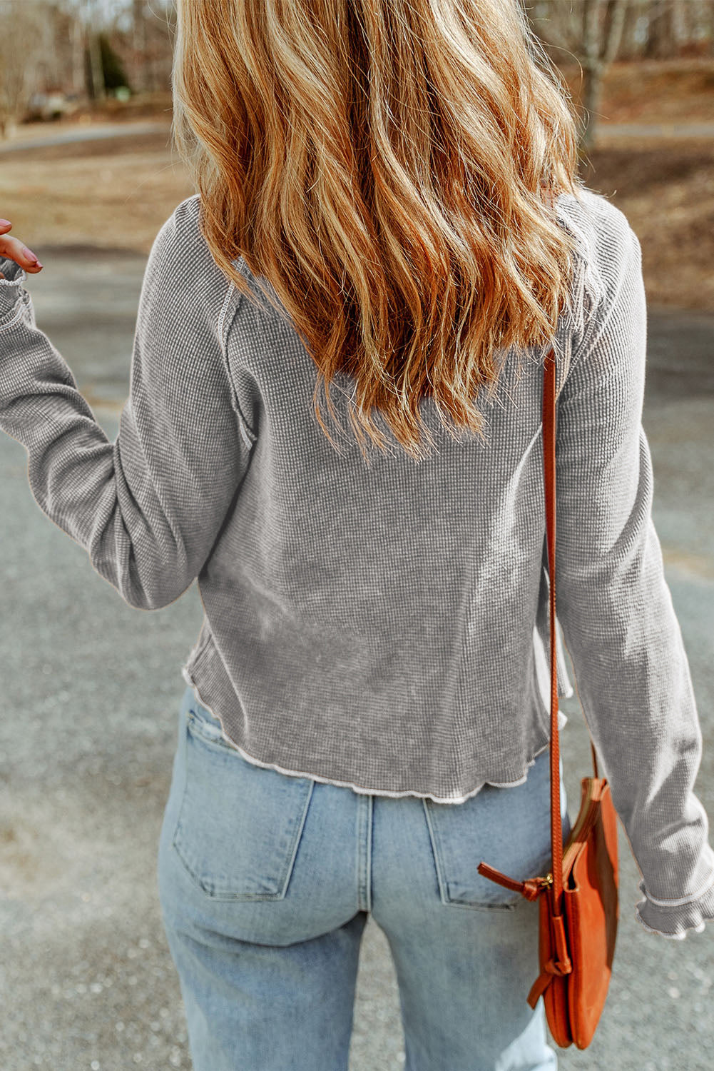 Gray Textured Round Neck Long Sleeve Top-Tops/Long Sleeve Tops-[Adult]-[Female]-2022 Online Blue Zone Planet