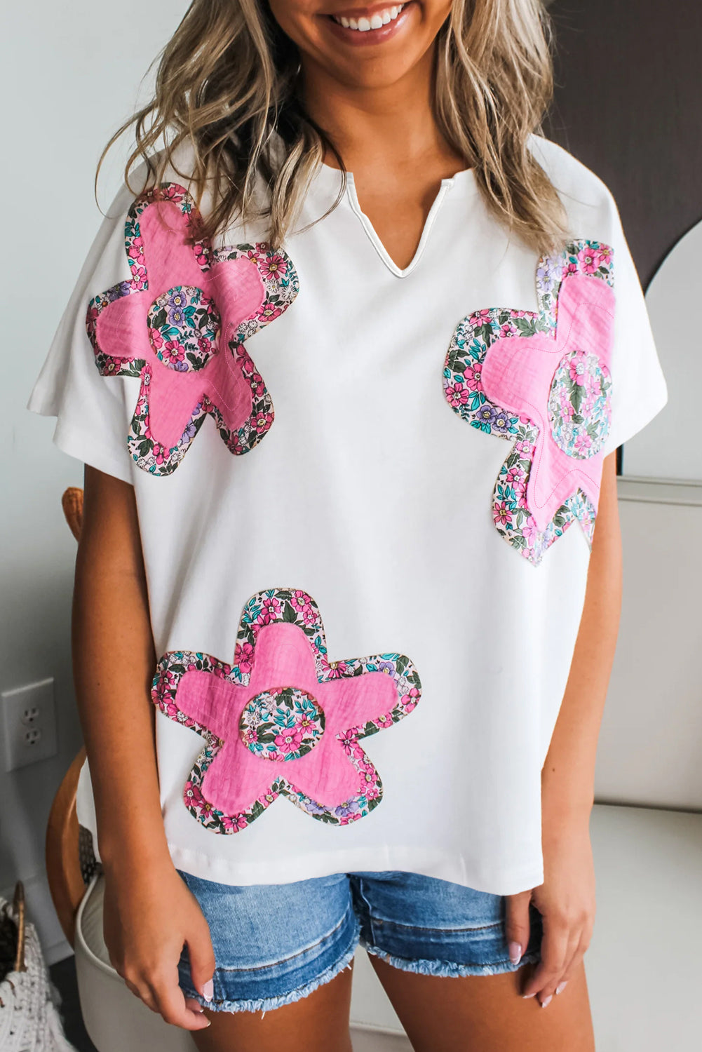 White Floral Applique Notched V Neck Dolman Sleeve Top-Tops/Tops & Tees-[Adult]-[Female]-White-S-2022 Online Blue Zone Planet