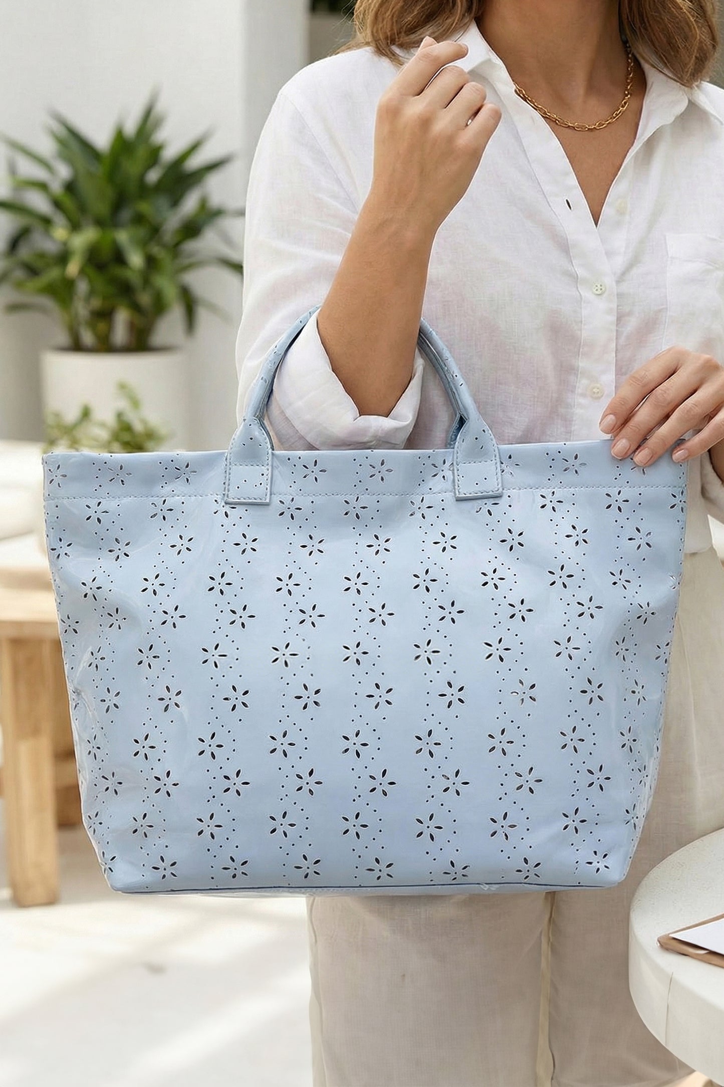 Beige Eyelet Flower Pattern PVC Glossy Waterproof Tote Bag