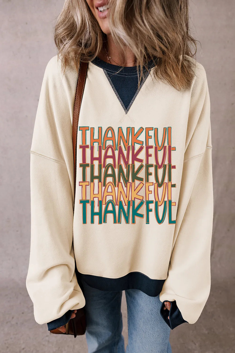 THANKFUL Round Neck Long Sleeve Sweatshirt-TOPS / DRESSES-[Adult]-[Female]-2022 Online Blue Zone Planet