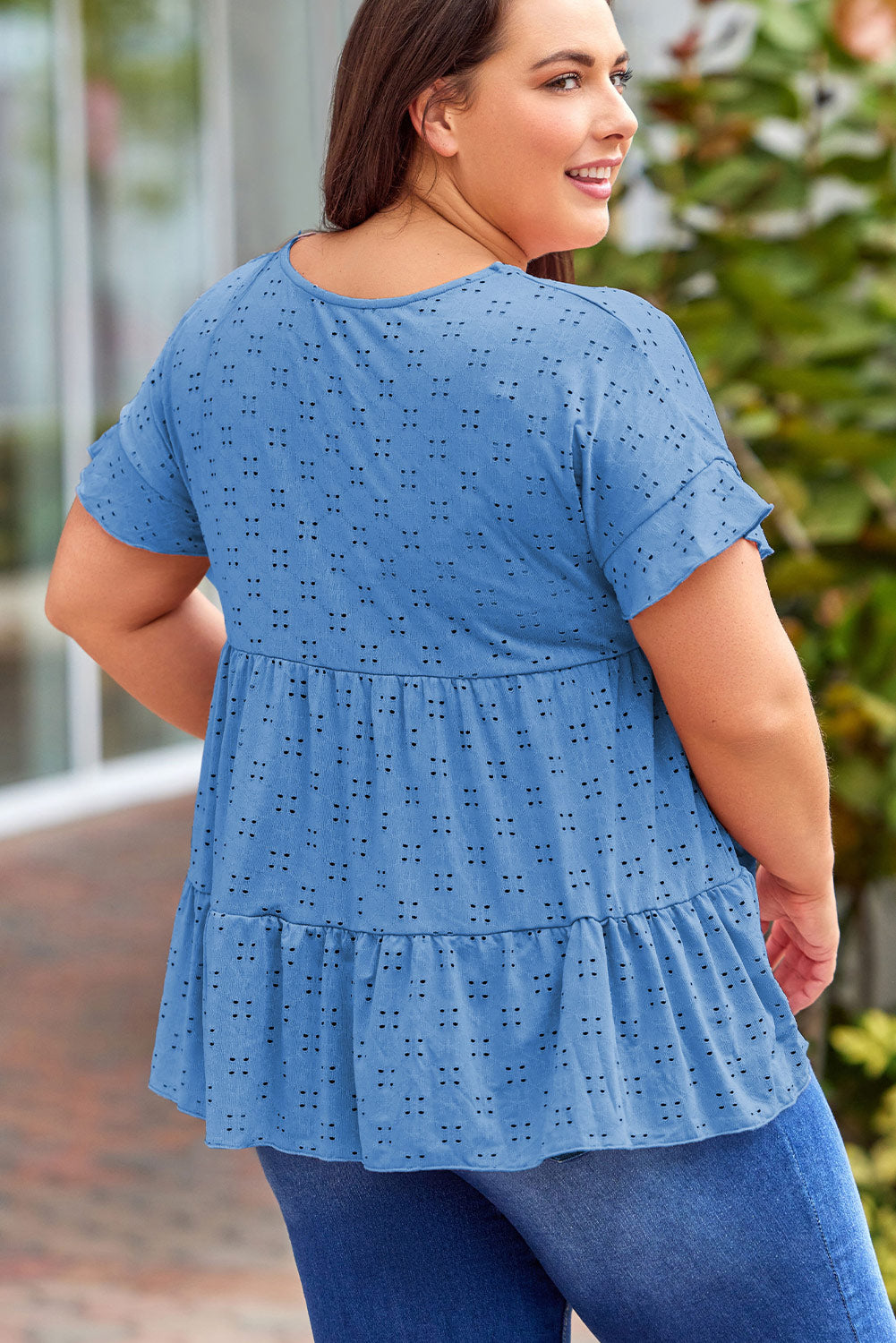 Plus Size Eyelet Round Neck Short Sleeve Blouse-TOPS / DRESSES-[Adult]-[Female]-2022 Online Blue Zone Planet