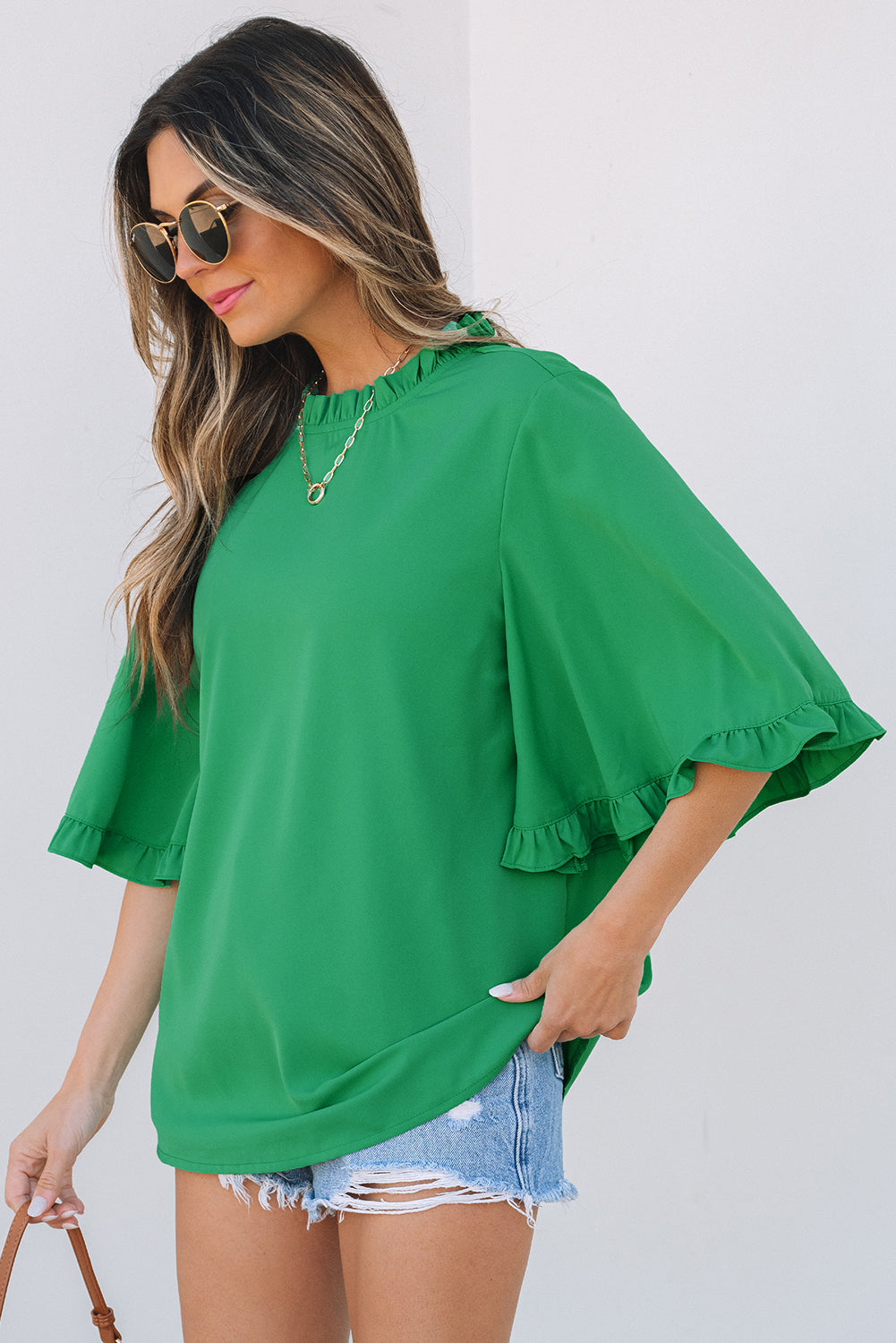 Blue Zone Planet | Green Frilly Round Neck Wide Half Sleeve Blouse-Tops/Blouses & Shirts-[Adult]-[Female]-2022 Online Blue Zone Planet