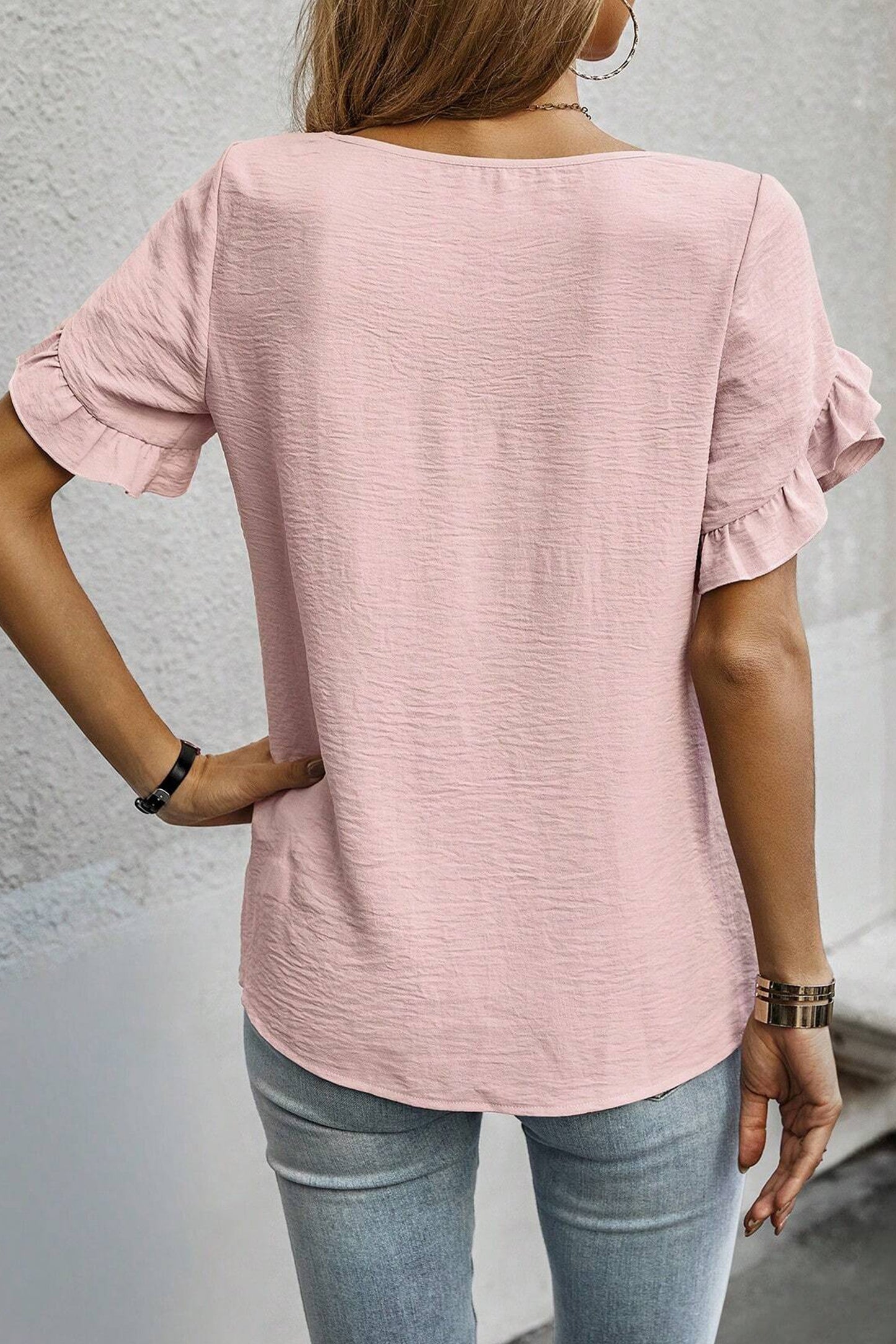 Sea Green Solid Color Ruffle Trim Short Sleeve Blouse-Tops/Blouses & Shirts-[Adult]-[Female]-2022 Online Blue Zone Planet