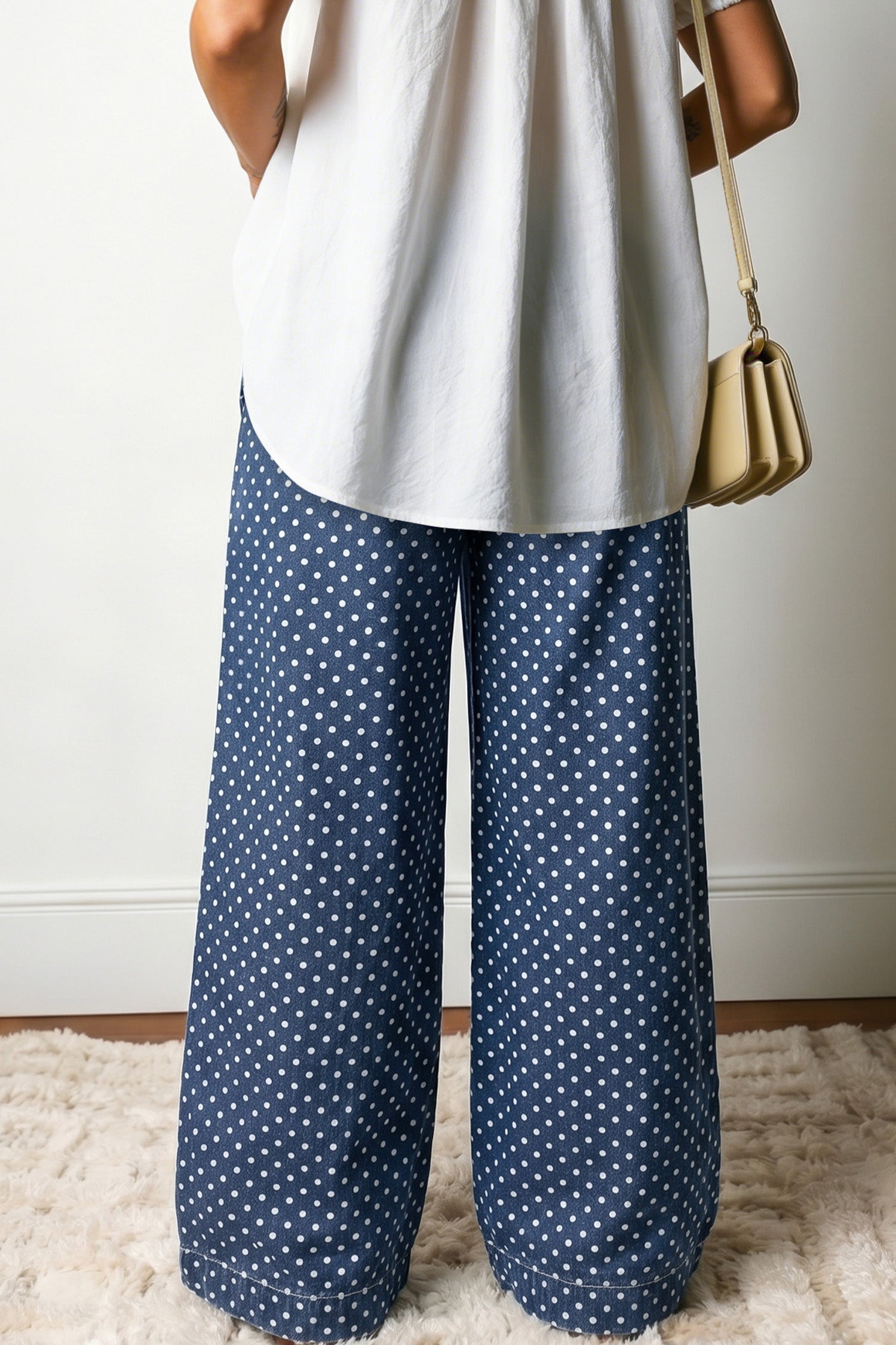 Sky Blue Polka Dot Print Button Pleated Detail Wide Leg Jeans-Bottoms/Jeans-[Adult]-[Female]-2022 Online Blue Zone Planet