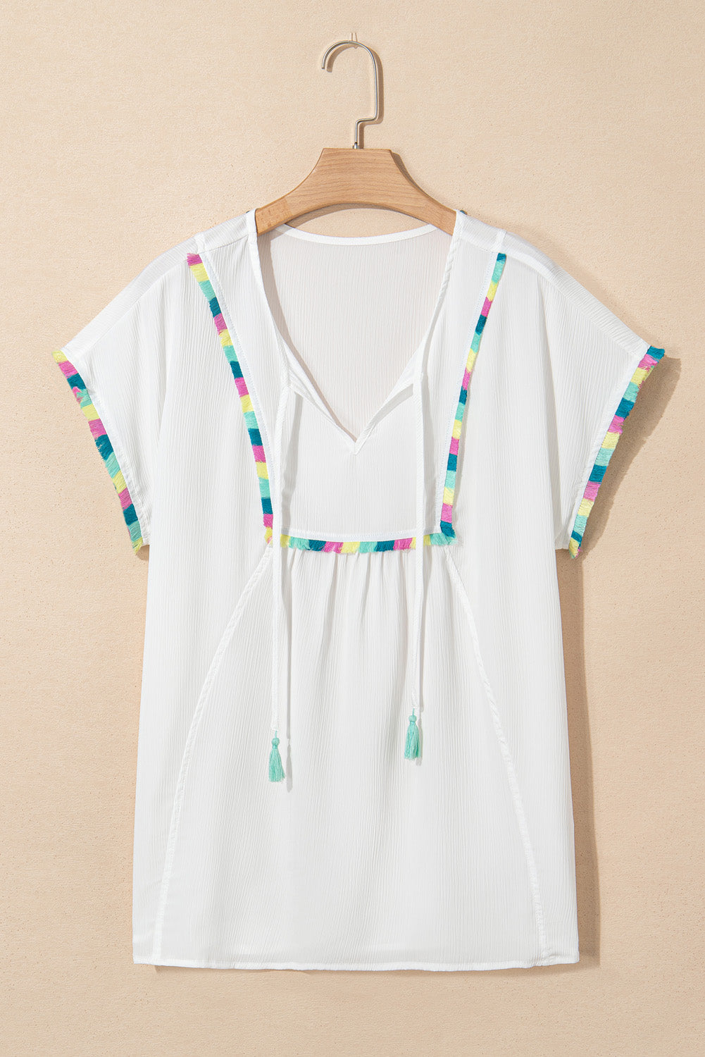White Colorful Fringed Detail Tassel Tie Neck Short Sleeve Blouse-Tops/Blouses & Shirts-[Adult]-[Female]-2022 Online Blue Zone Planet