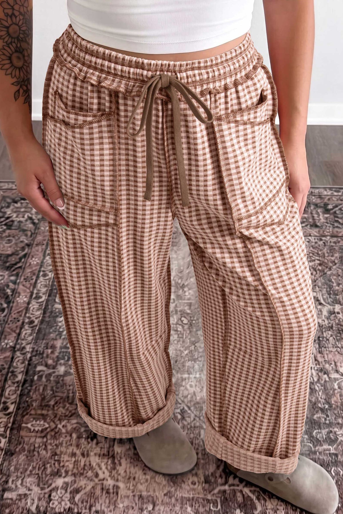 Brown Plaid Contrast Trim Drawstring Elastic Waist Shift Pants