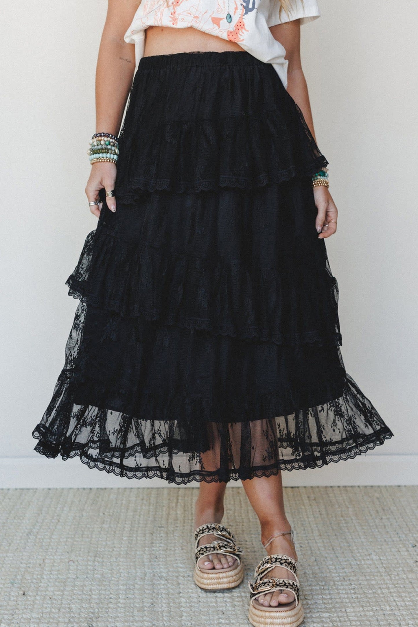 Black Elegant Ruffle Lace Tiered Skirt-Bottoms/Skirts & Petticoat-[Adult]-[Female]-2022 Online Blue Zone Planet