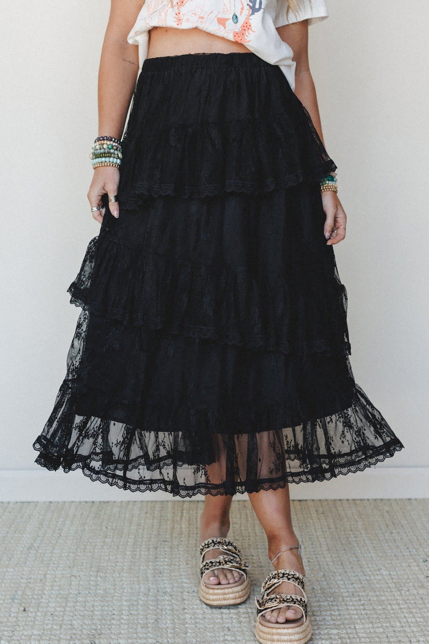 Black Elegant Ruffle Lace Tiered Skirt-Bottoms/Skirts & Petticoat-[Adult]-[Female]-2022 Online Blue Zone Planet