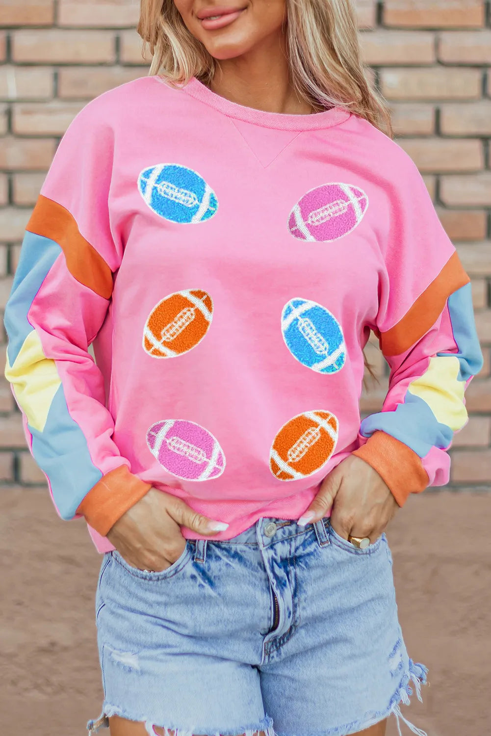 Blue Zone Planet | Contrast Football Long Sleeve Sweatshirt-TOPS / DRESSES-[Adult]-[Female]-Pink-S-2022 Online Blue Zone Planet