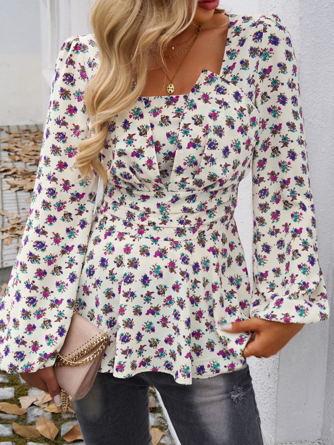 Peplum Printed Long Sleeve Blouse-TOPS / DRESSES-[Adult]-[Female]-2022 Online Blue Zone Planet