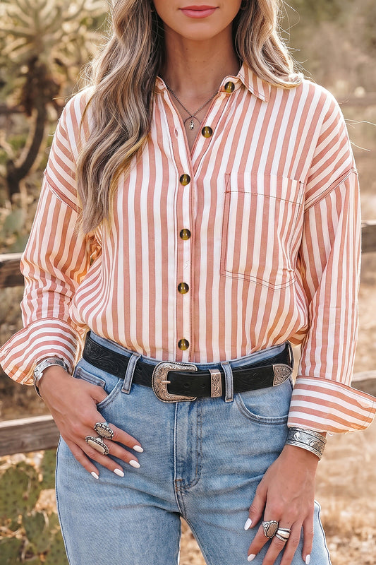Brown Stripe Western Button Down Long Sleeve Casual Shirt-Tops/Blouses & Shirts-[Adult]-[Female]-Brown Stripe-S-2022 Online Blue Zone Planet