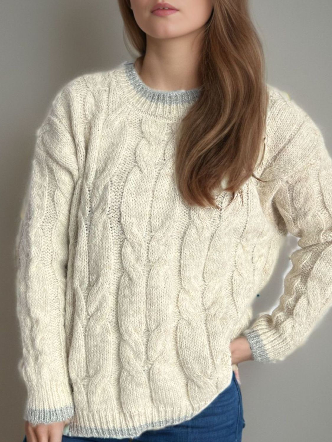 Blue Zone Planet | Cable Knit Round Neck Long Sleeve Sweater-TOPS / DRESSES-[Adult]-[Female]-2022 Online Blue Zone Planet