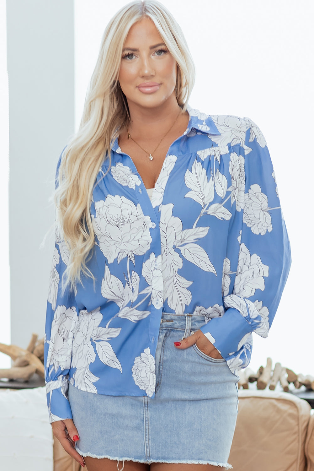 Sky Blue Floral Print Button Up Pleated Detail Puff Sleeve Shirt-Tops/Blouses & Shirts-[Adult]-[Female]-2022 Online Blue Zone Planet