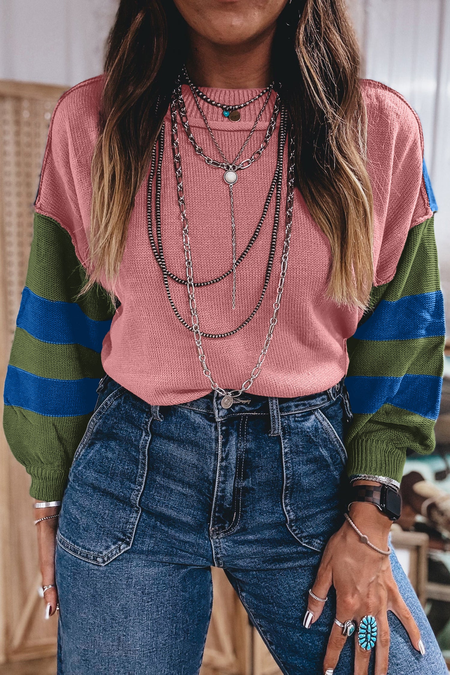 Multicolour Western Colorblock Patchwork Striped Long Sleeve Pullover Sweater-Sweaters & Cardigans/Sweaters-[Adult]-[Female]-Multicolour-S-2022 Online Blue Zone Planet