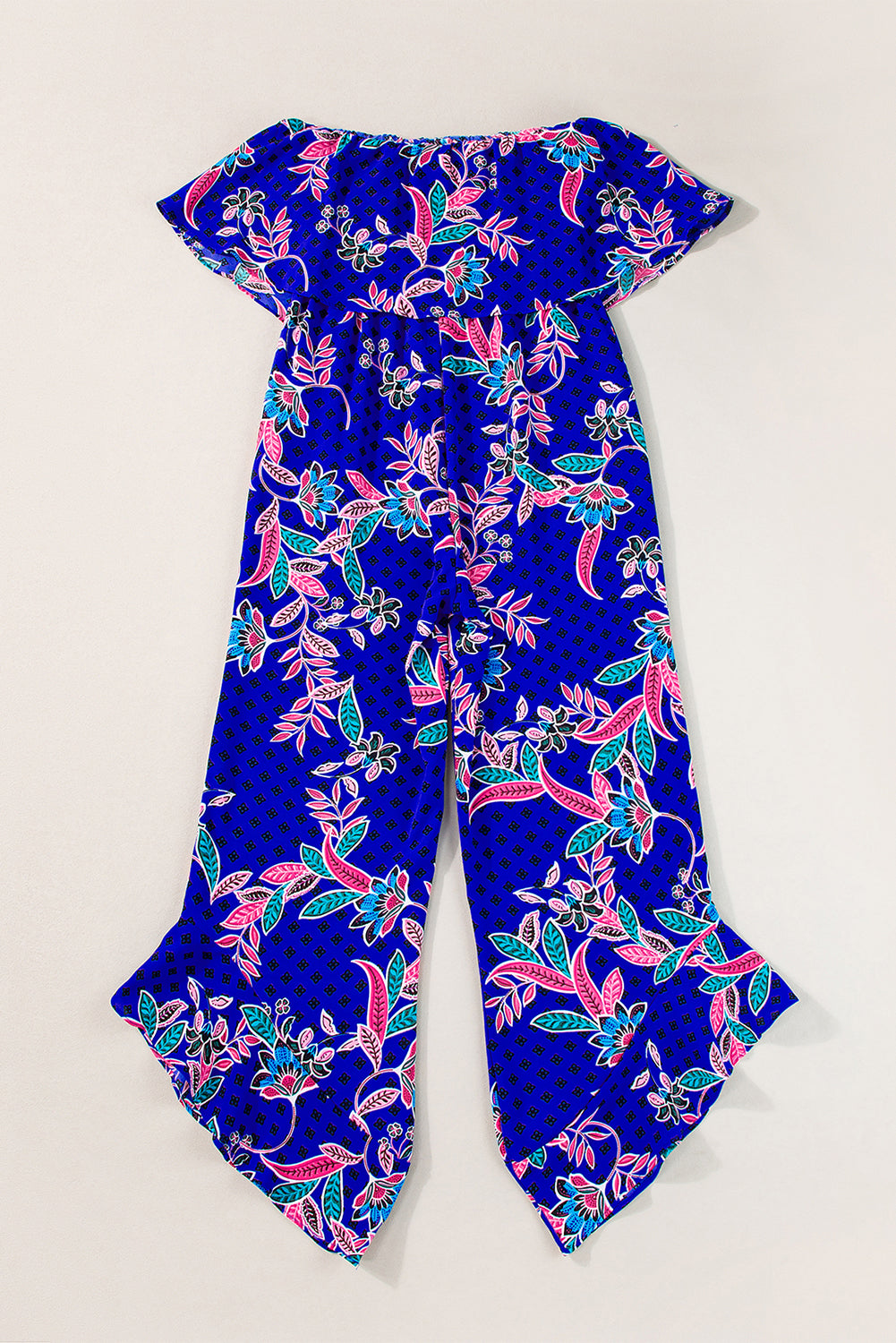 Blue Mix Tropical Print Strapless Ruffled Jumpsuit Blue Zone Planet