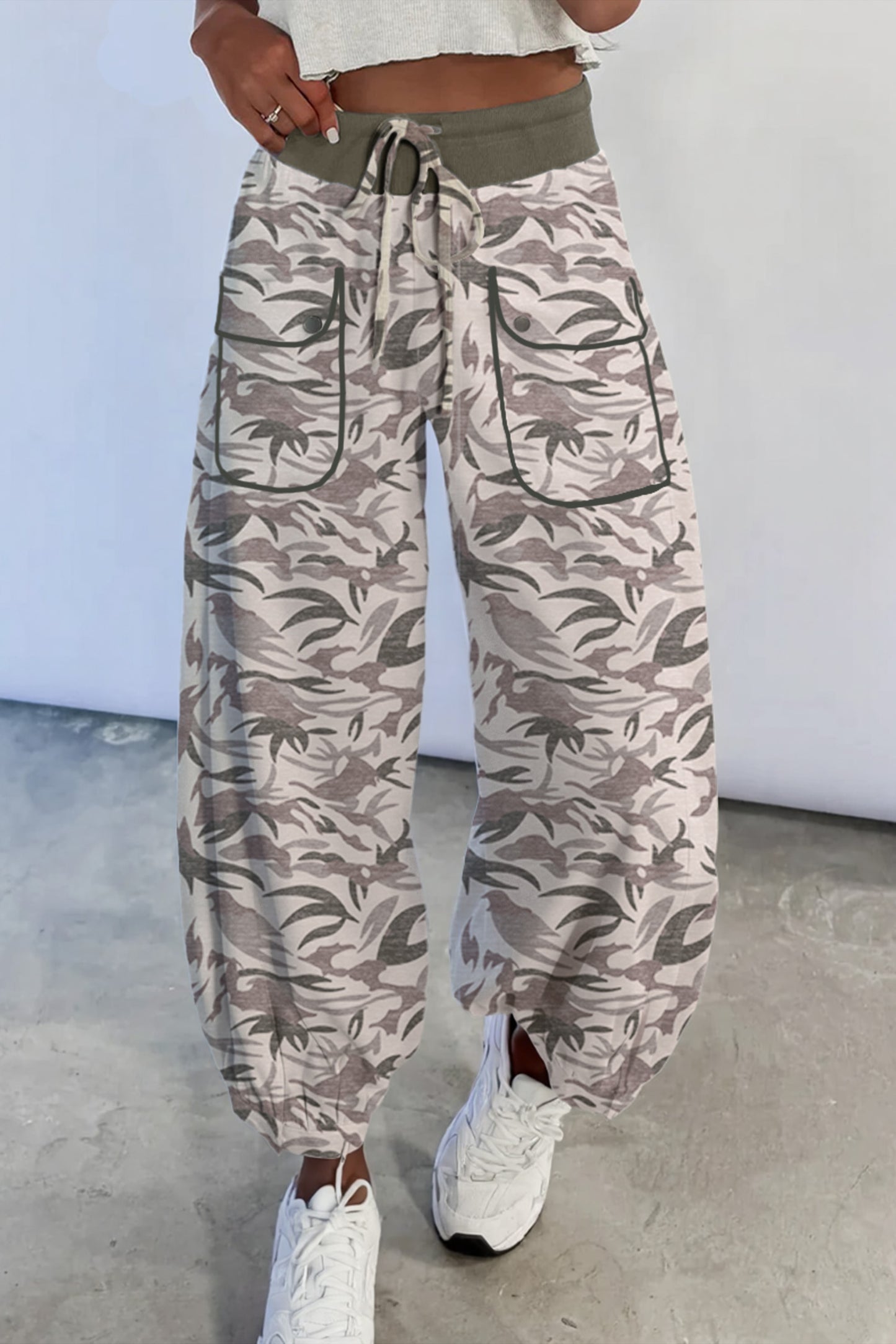 Multicolour Drawstring Contrast Waistband Camouflage Cargo Barrel Pants-Bottoms/Pants & Culotte-[Adult]-[Female]-Khaki-S-2022 Online Blue Zone Planet
