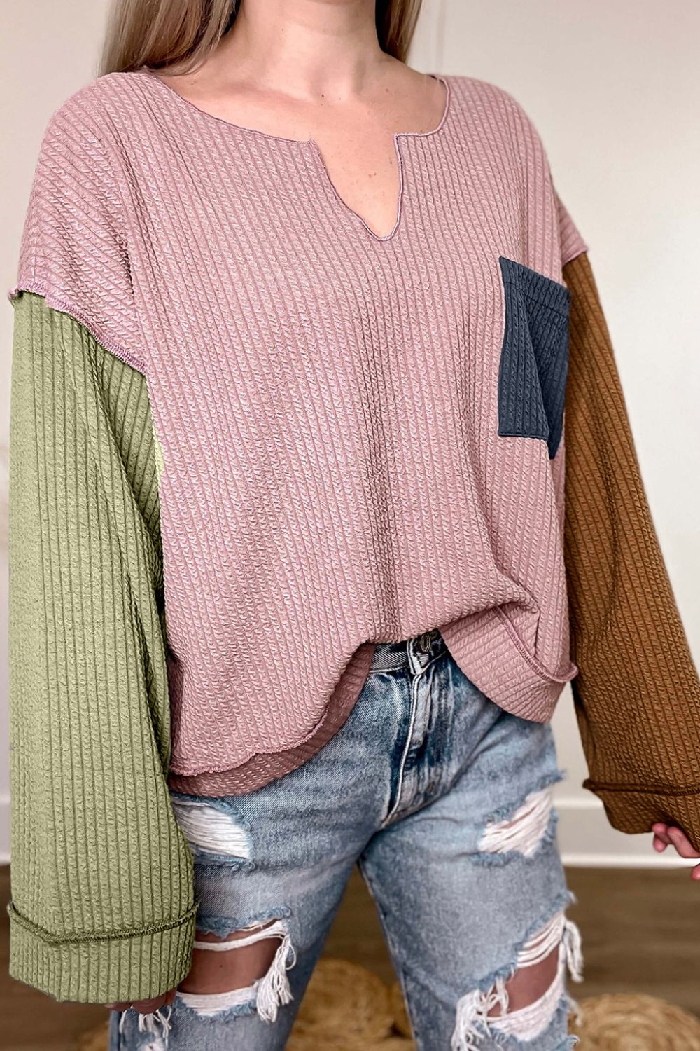 Blue Zone Planet | Color Block Textured Notched Long Sleeve Top-TOPS / DRESSES-[Adult]-[Female]-2022 Online Blue Zone Planet