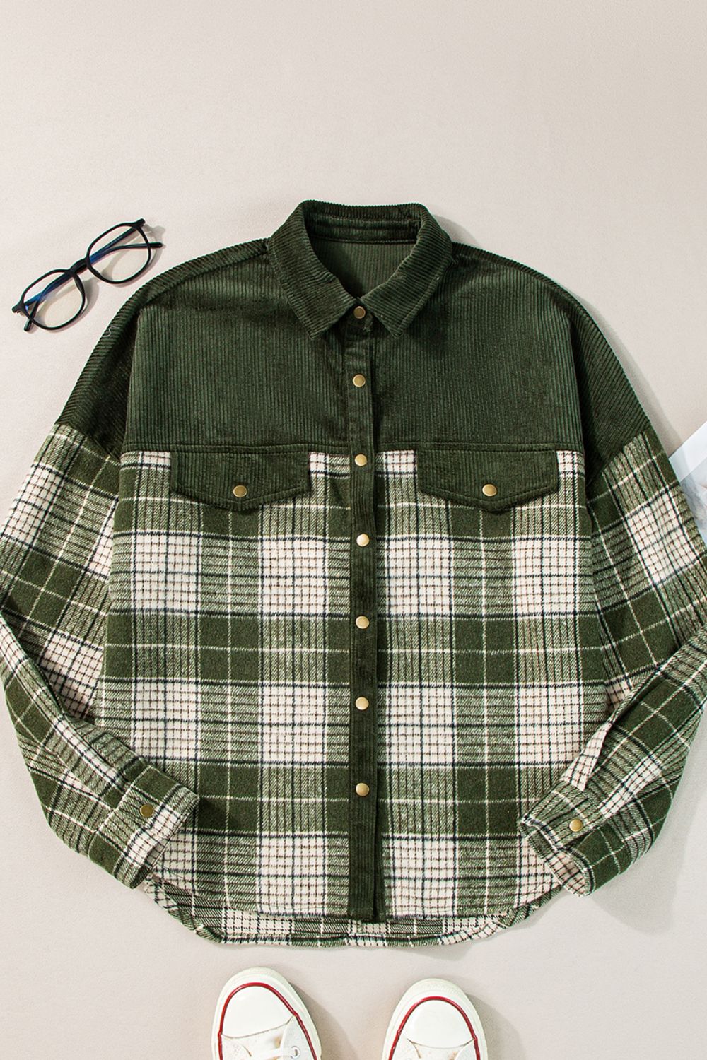 Snap Down Collared Neck Plaid Shacket-TOPS / DRESSES-[Adult]-[Female]-2022 Online Blue Zone Planet