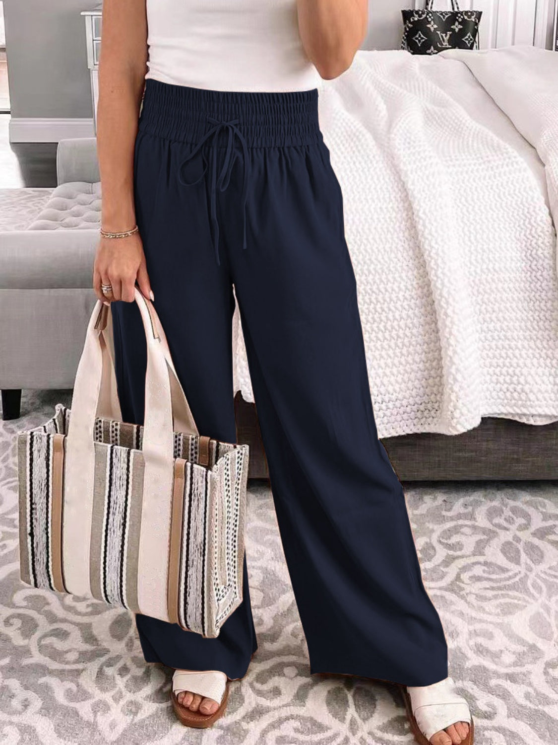 Full Size Drawstring High Waist Wide Leg Pants-BOTTOMS SIZES SMALL MEDIUM LARGE-[Adult]-[Female]-Navy-S-2022 Online Blue Zone Planet