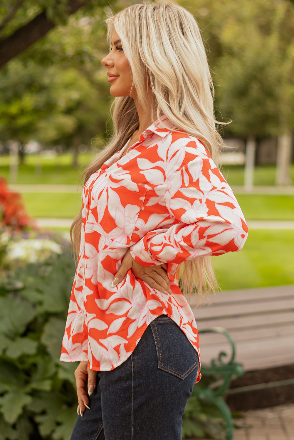 Orange Botanical Print Single Chest Pocket Button Up Shirt-Tops/Blouses & Shirts-[Adult]-[Female]-2022 Online Blue Zone Planet