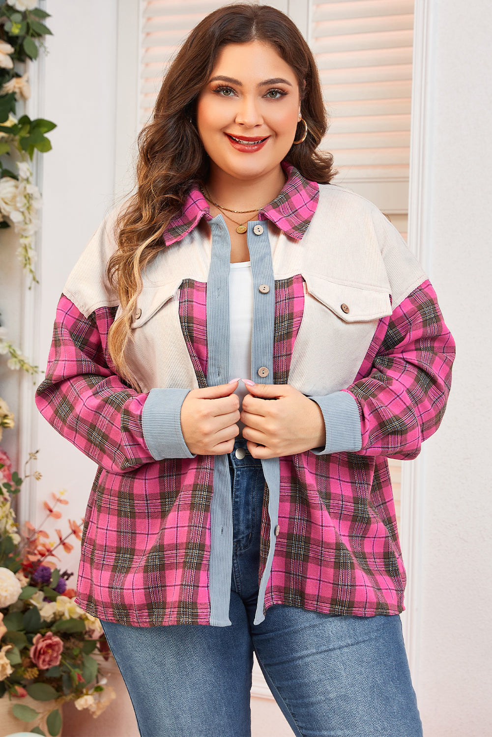 Red Plaid Print Waffle Knit Patchwork Plus Size Shirt-Plus Size/Plus Size Tops/Plus Size Blouses & Shirts-[Adult]-[Female]-Red-1X-2022 Online Blue Zone Planet