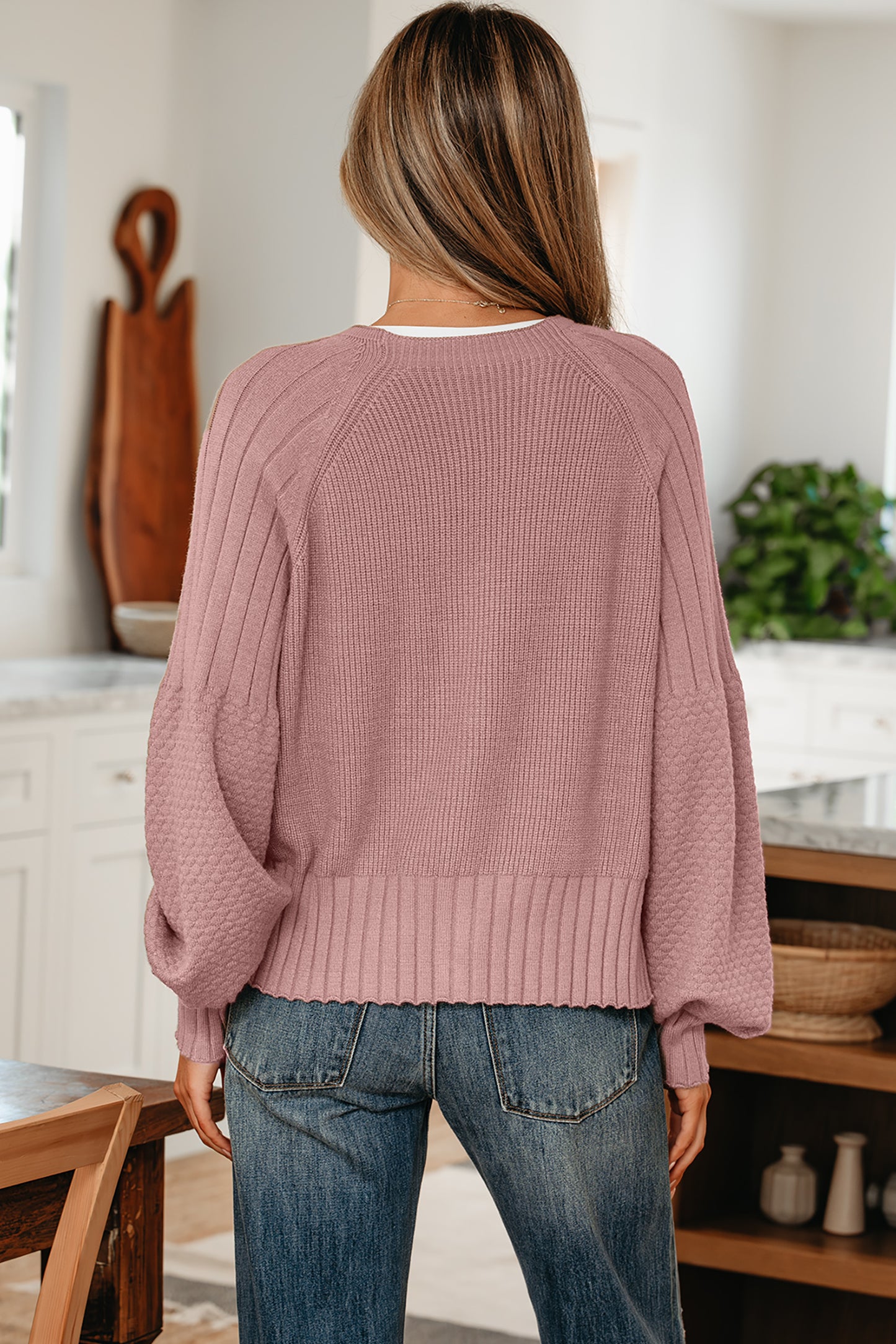 Light Pink Mixed Texture Knit Button V Neck Sweater Cardigan-TOPS / DRESSES-[Adult]-[Female]-2022 Online Blue Zone Planet